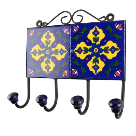 Navy Blue And Yellow Leaf Ceramic Floral Tiles Hook 